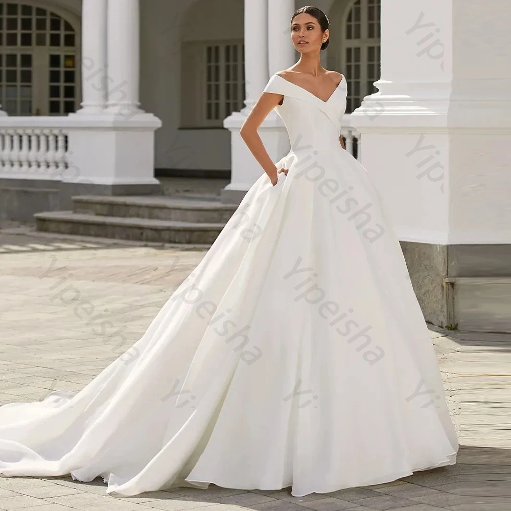 Alta qualidade simples decote em v vestido de casamento para mulher noiva cetim bolso capela trem botão vestido de casamento transporte da gota