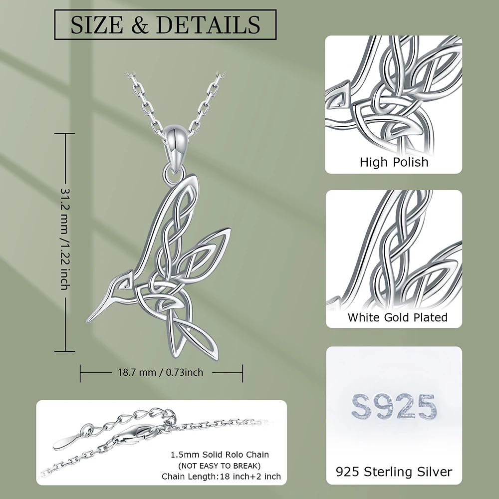 925 Sterling Silver Celtic Knot Hummingbird Pendant Lucky Animal Necklaces Jewelry Mother's Day Christmas Gifts for Women Girls