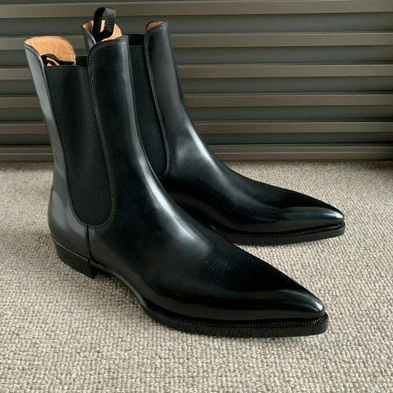 Black Chelsea Boots Business Men Ankle Boots Slip-On Round Toe Vintage Boots Size 38-48 Botas De Trabajo Hombre