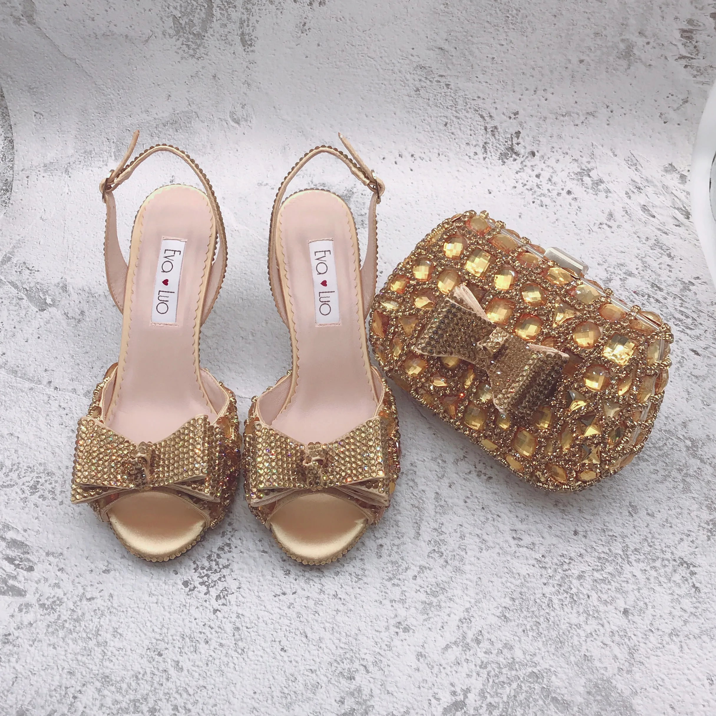 BS1599 Customizable Various Heel Height Women Bridal wedding Shoes  Gold  Crystal  Shoes with Matching Bags Set