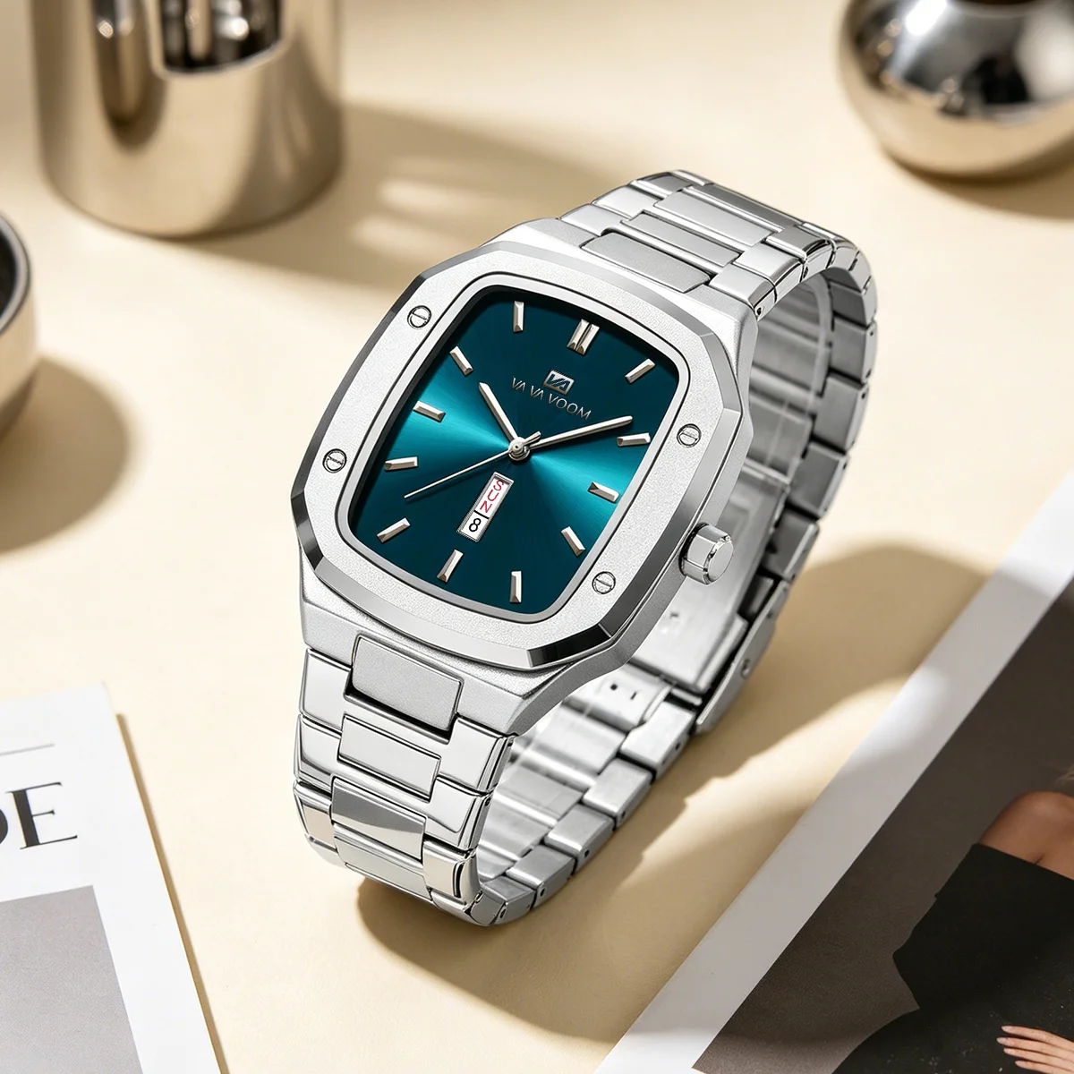 

Square Men Watch Stainless Steel Strap Silver Case 45.2mm Quartz Movement Clock Suitable Business Travel & Leisure Sports Watch