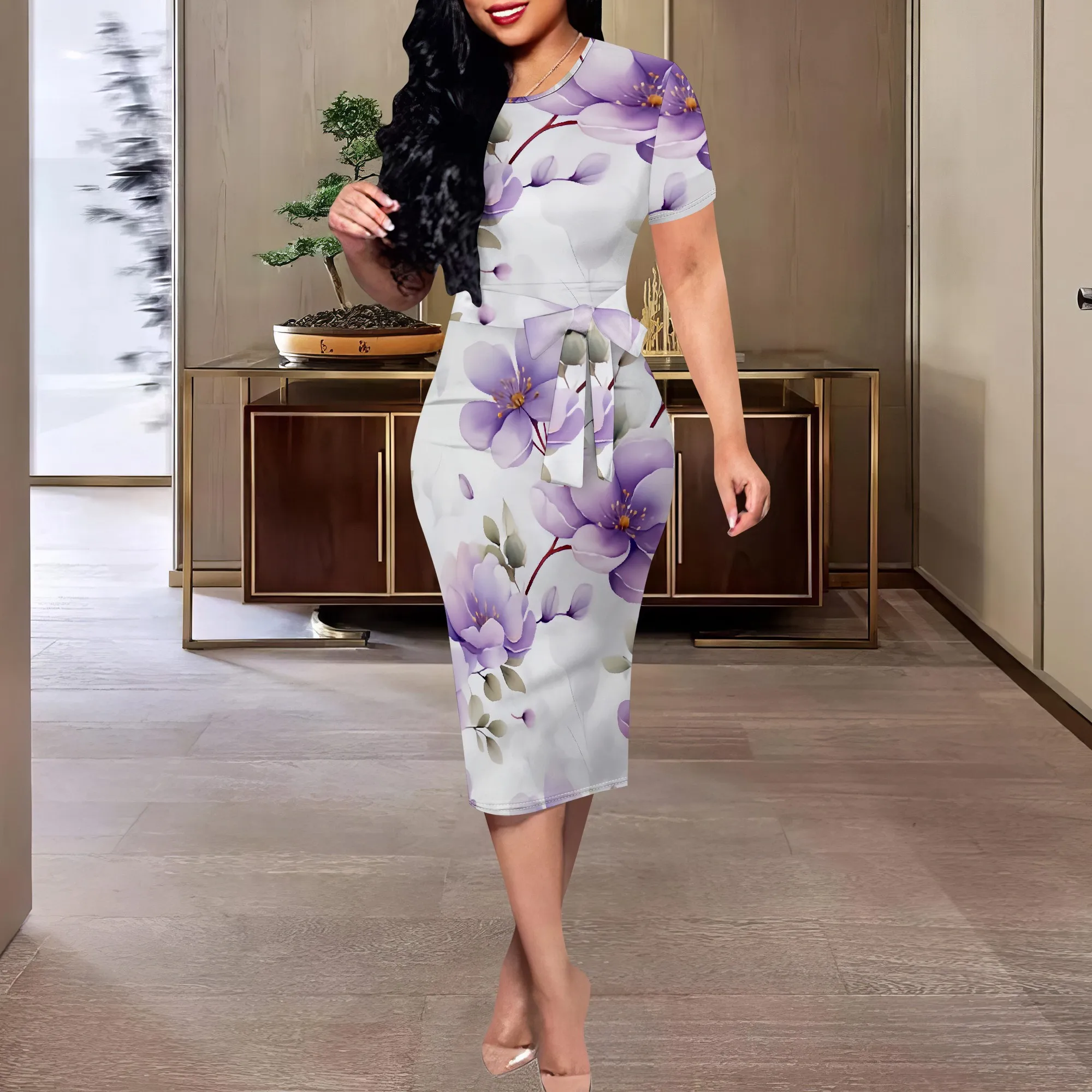 

Purple Floral Midi Dress XS-3XL Elegant Short Sleeve Belted Style for Mother’s Day, Church or Spring Brunch Look