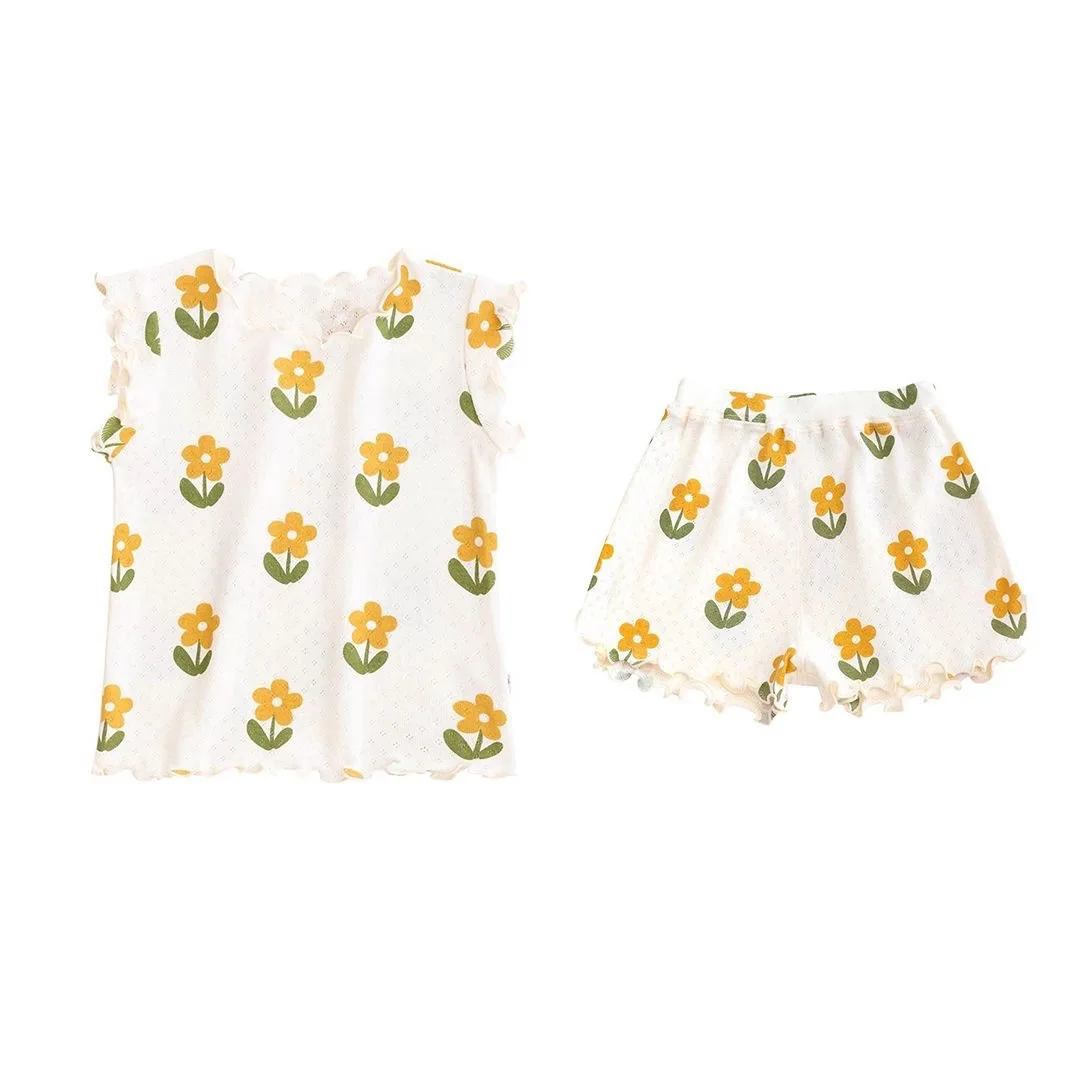 2026 Summer Children's Hot Sale Loose Cute Small Flower Sweet Home T-shirt and Shorts Two Piece Set