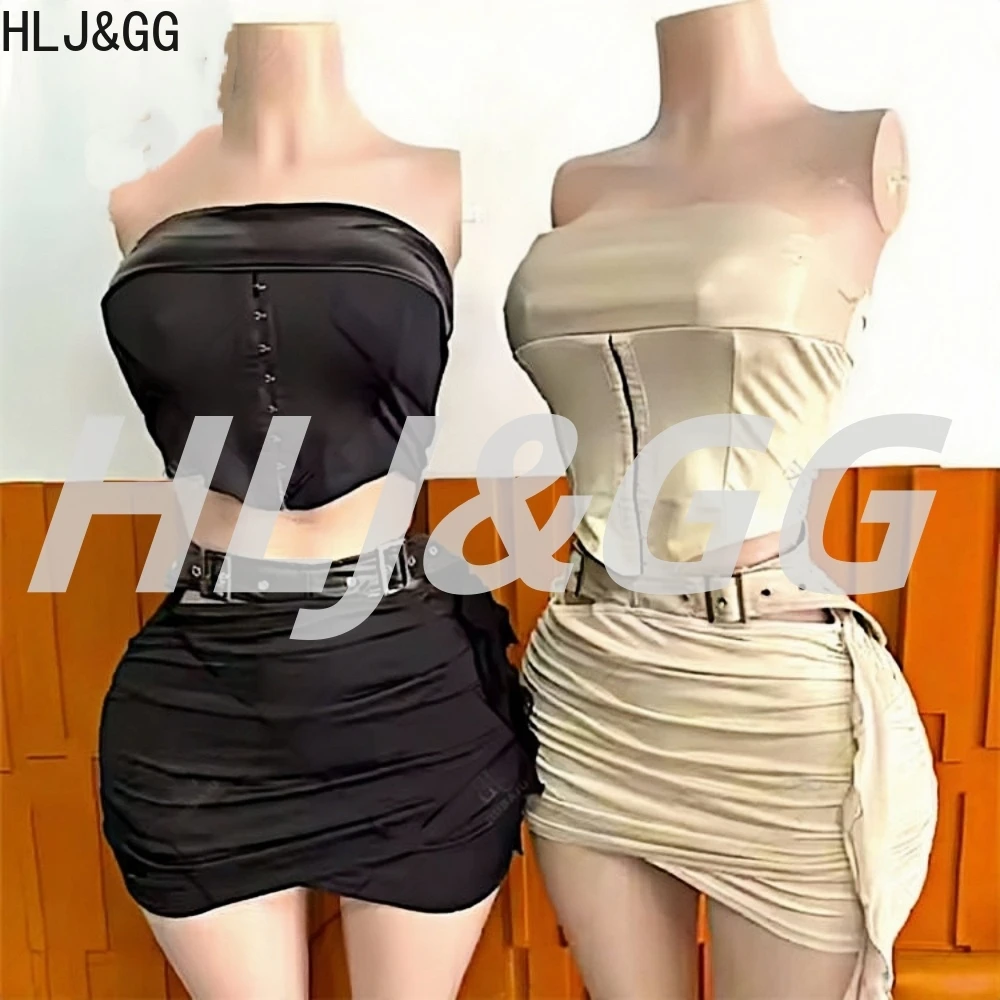 

HLJ&GG Sexy Leather Splicing Bandage Two Piece Sets Women Off Shoulder Sleeveless Slim Crop Top And Ruched Mini Skirt Streetwear