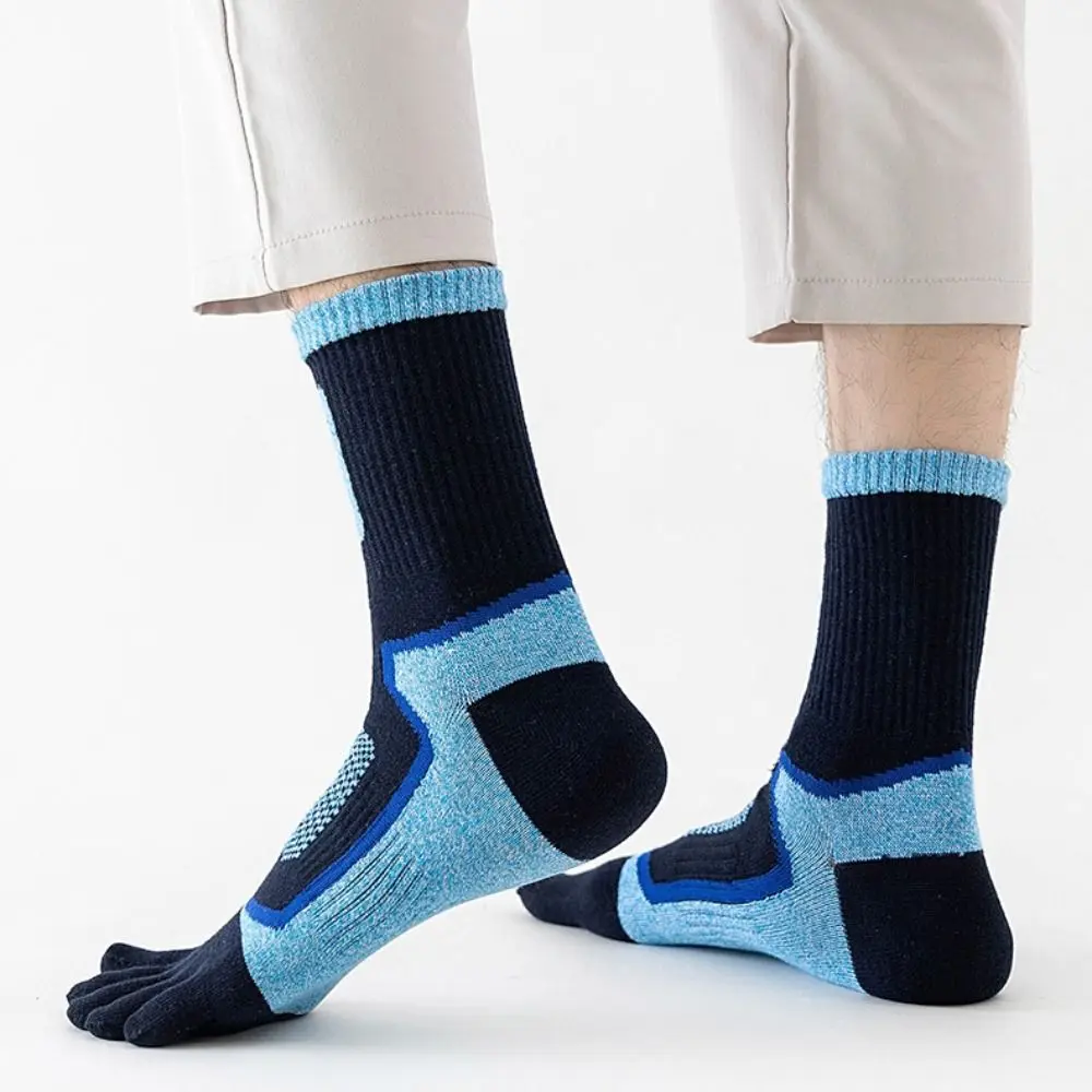 Simple Comfortable Soft Thick Retro Patchwork Color Sport Trendy Cotton Man Socks Middle Tube Hosiery Five Finger Socks