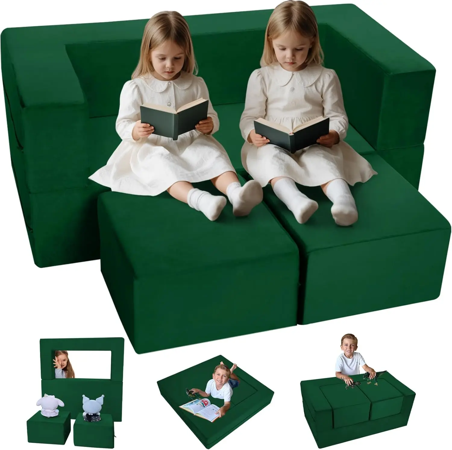 Modular Kids Play Couch Sofa – Green Convertible Toddler Couch, Fold-Out Plush Foam Chair for Children’s Playroom