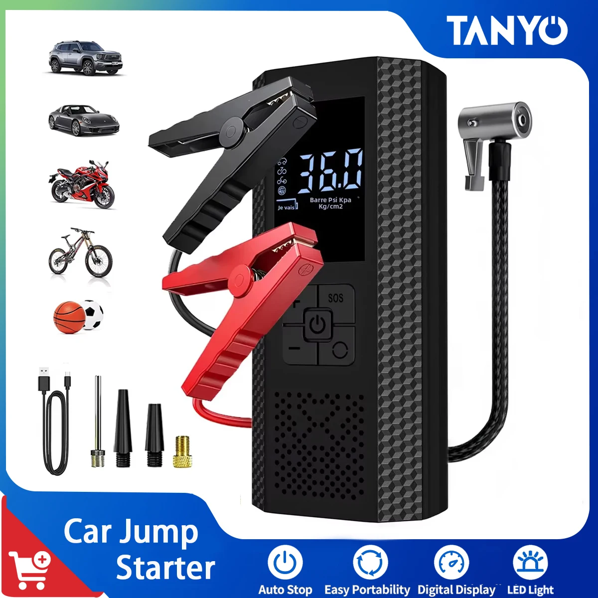 

Высококачественный портативный автомобильный стартер 3в1, воздушный насос со светодиодной подсветкой SOS для автомобиля, мотоцикла, велосипеда, воздушный компрессор, накачка шин