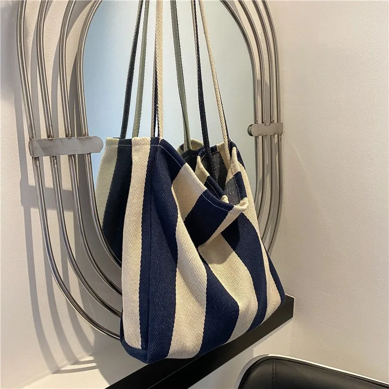 Shoulder Bags for Women Fashion Canvas Bag Striped Shopping Large Capacity Handbags Vintage Elegant Underarm All-match Mujer