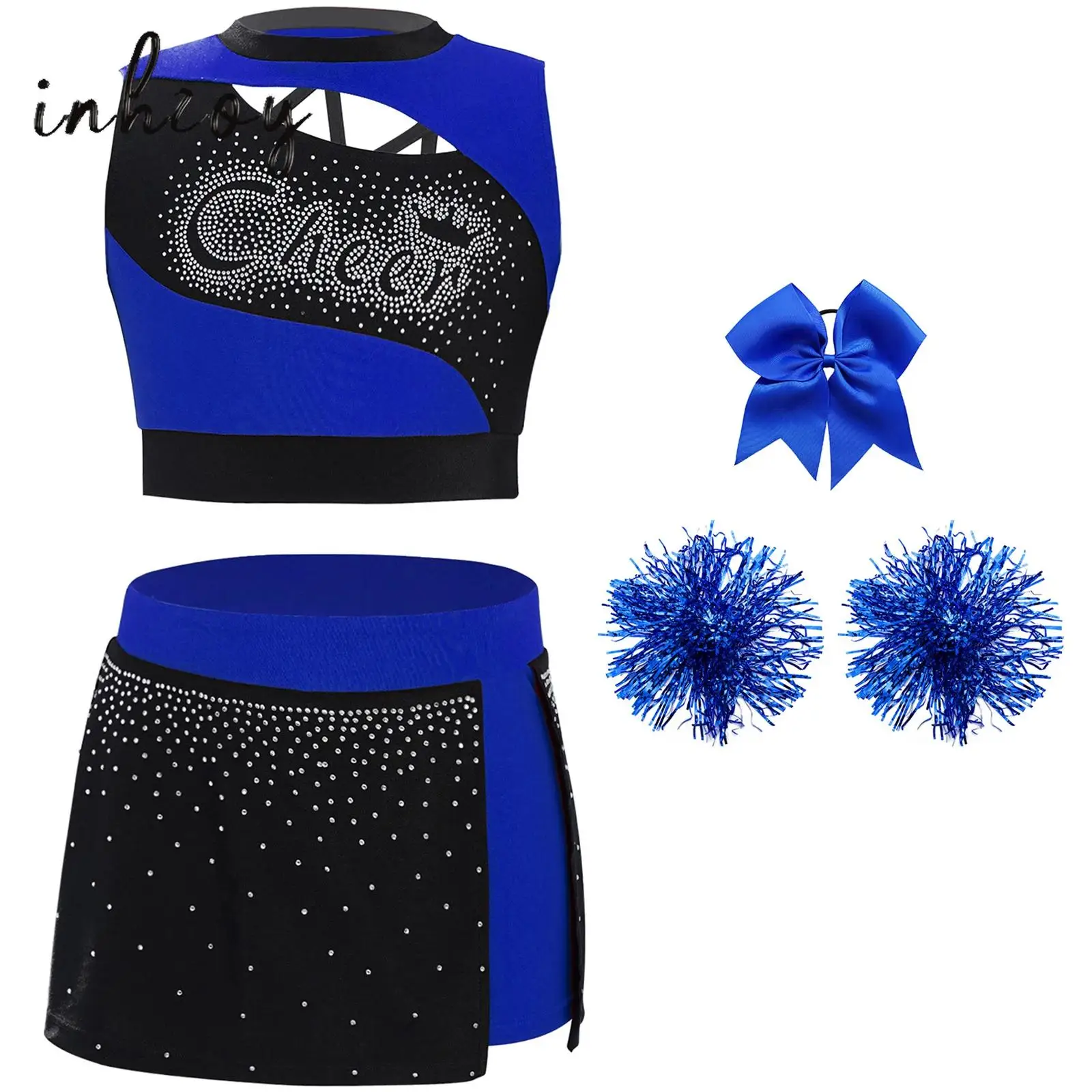

Kids Girls Cheerleading Dance Outfit Sparkling Rhinestones Sleeveless Cutout Crop Top+Side Slit Skirt+Headwear+Flower Balls Set