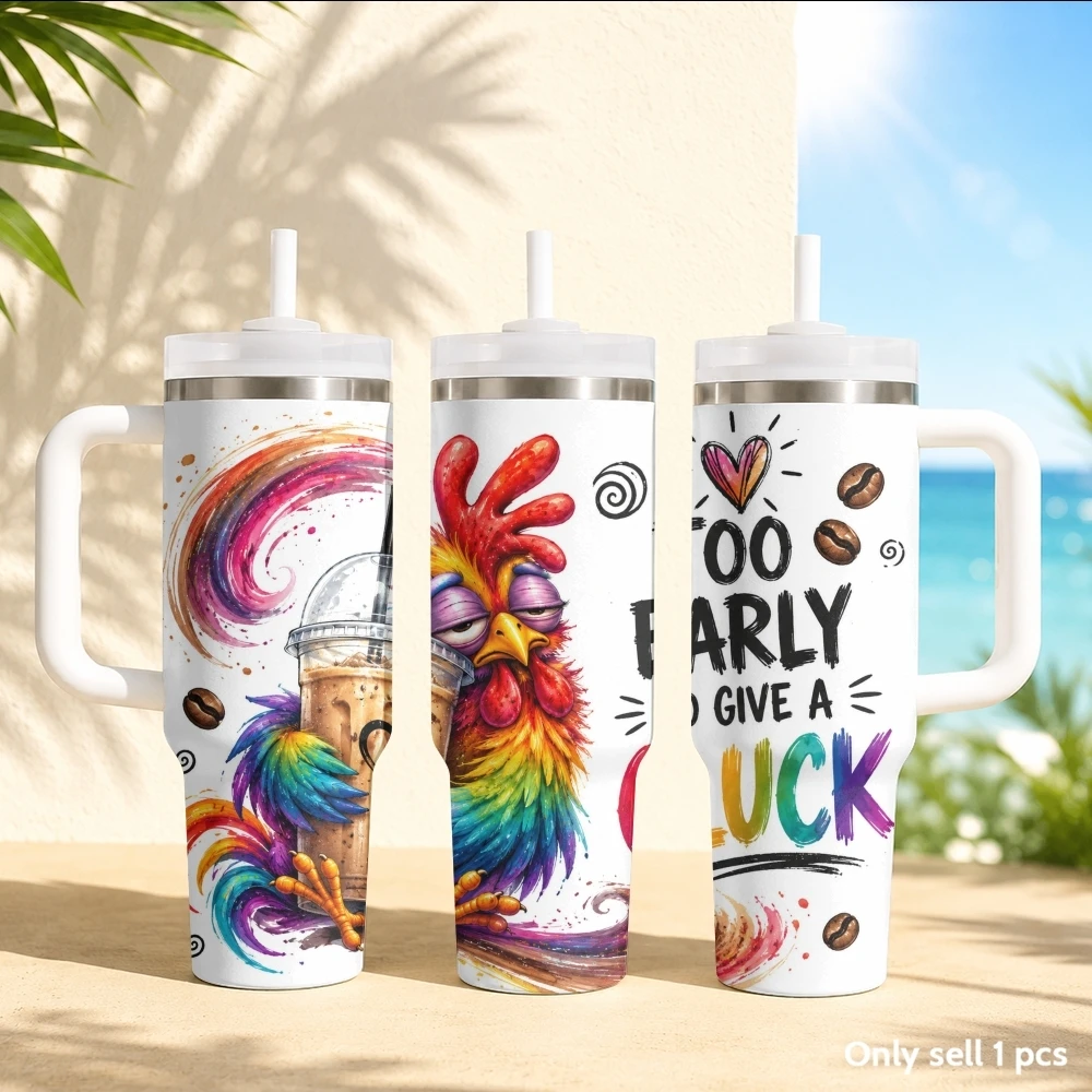 Interesting Rooster Vacuum Flasks 40oz Stainless Steel Insulated Tumbler with Handle & Straw Leakproof Travel Mug