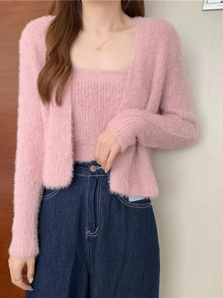 Korea Two Pieces Set Cardigan Women Sweet Solid Color Long Sleeve Knitted Sweater Sleeveless Strap Vest Woman Simple Soft Tops