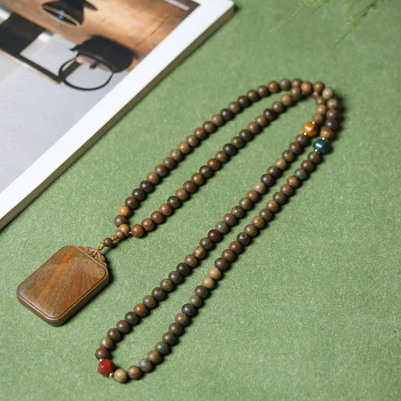 UMQ Ethnic Green 108 Beads Sandalwood Tag Pendant Bracelet Male And Female Matching Style Multi-Circle