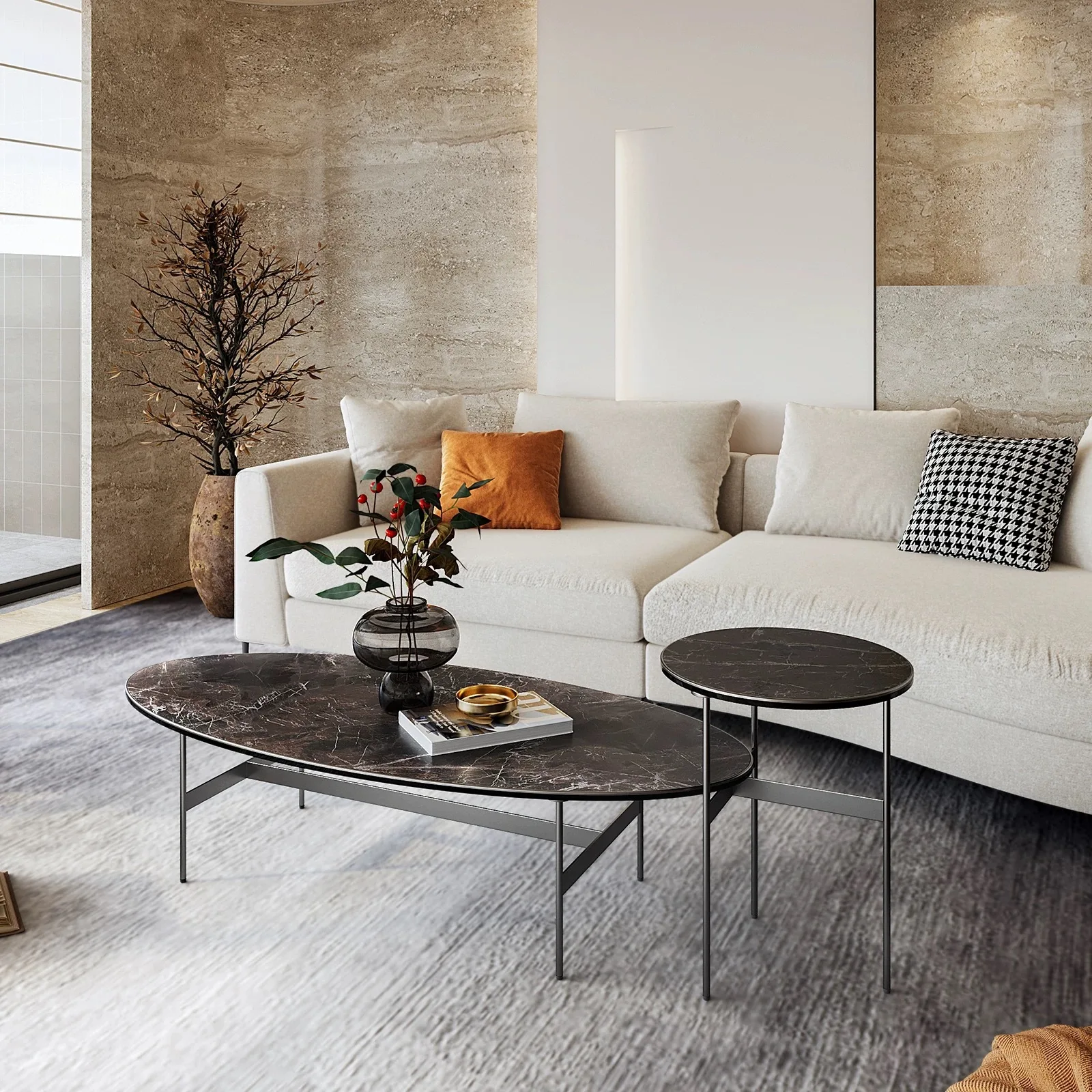 Rotsplaat salontafel woonkamer huishouden eenvoudige roestvrijstalen ronde combinatie salontafel