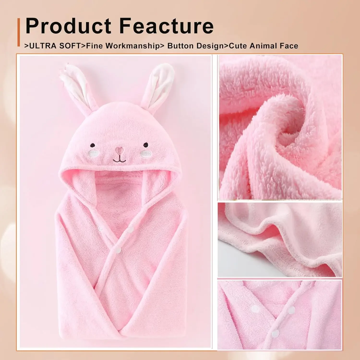 Large Baby Hooded Towel with Cute Animal Design Ultra Soft Thick Cotton Bath Towel with Hood for Toddler Infant Newborn