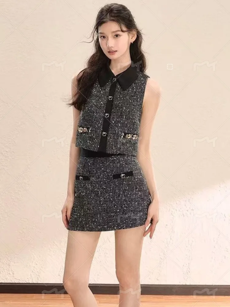 

Расширенный серый французский роскошный комплект из 2 предметов, женский наряд, милый шикарный топ + юбка с высокой талией, костюмы 2025 года, модный летний женский шикарный костюм