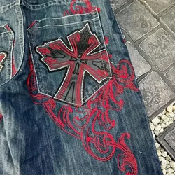 Casual denim short for men 2024 new gothic punk cross graphic print design fashion comfortable versatile y2k casual jorts shorts