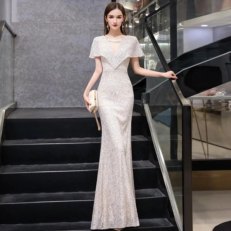 

Spring 2025 Silver Fi Tail Host Evening Dr Glittering Aosphere Queen Ball Gown High Waist Batwing Sves KTV Costume