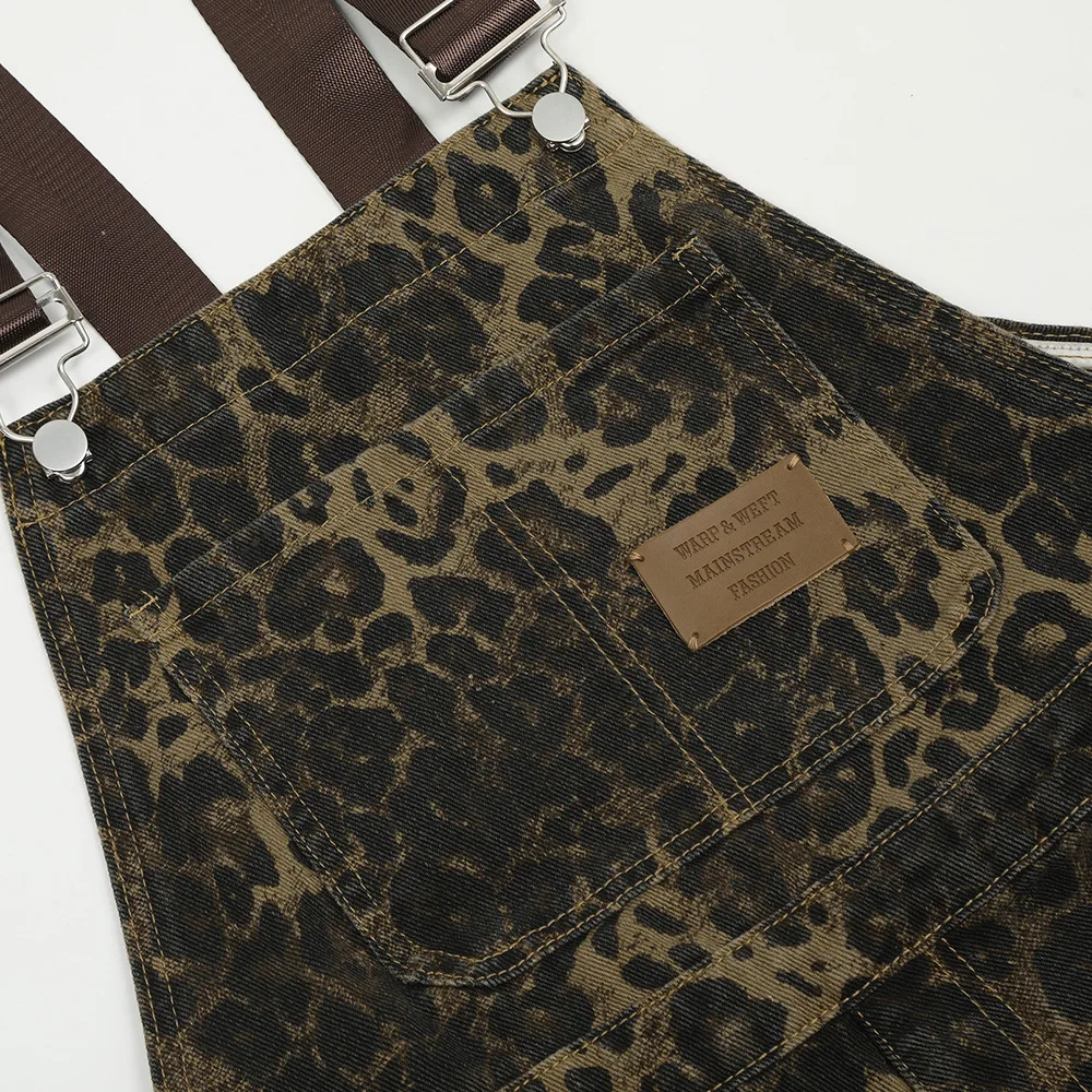American Vintage Street Leopard Print Overalls Men\'s Design Loose Straight Denim Jumpsuit Trousers