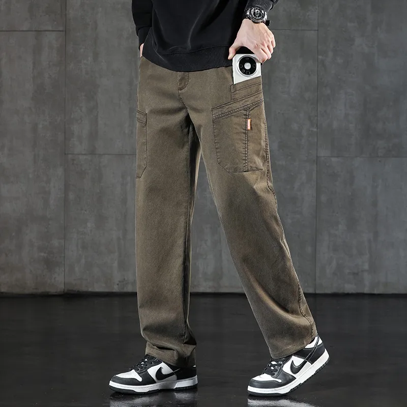 American Street‑Style Men Cargo Pants,Autumn Winter Multi‑Pocket Loose Straight‑Leg Wear‑Resistant Commute Casual Trousers