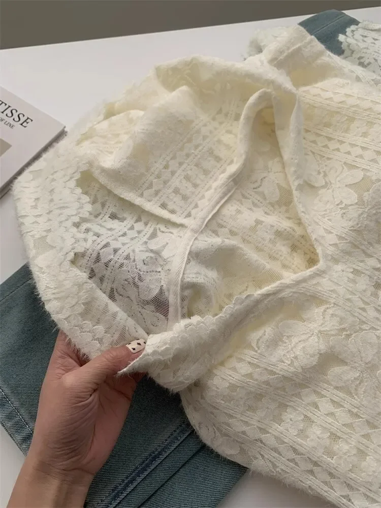 LangMao Hook Flower Lace Hollow Hooded Shirt For Women, Spring 2025 Korean Medium Length Top