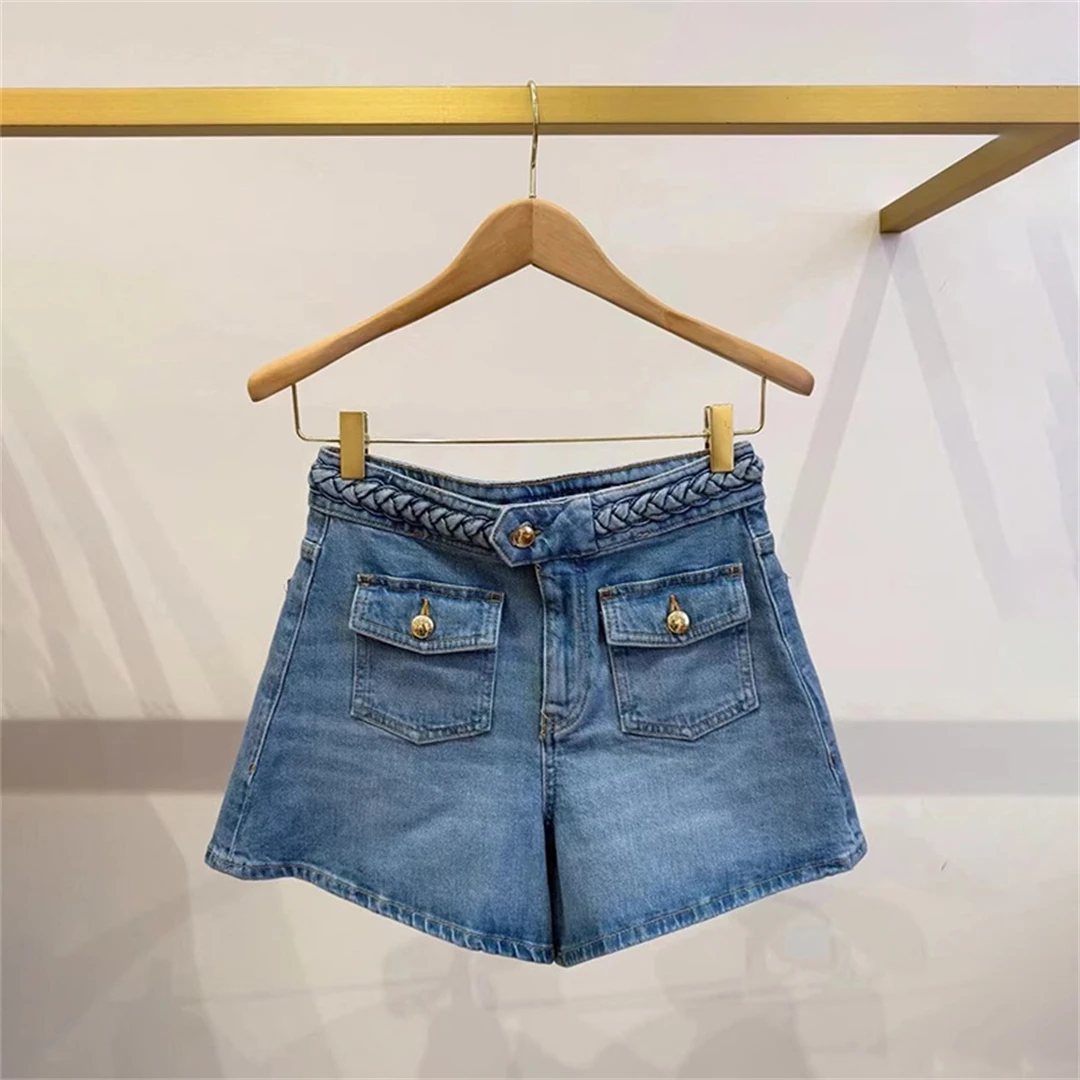 

Fashionable High Waist Blue Denim Shorts Washed French M Design Spring Hot Pants Women's Cotton Jeans Pants Button Closure