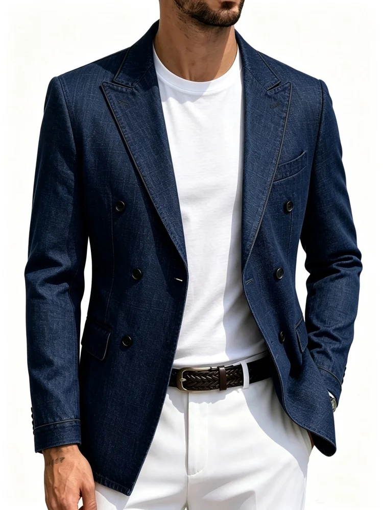 Mens Navy Blue Faux Denim Textured Double Breasted Slim Fit Blazer Thin Black Piping Casual Suit Jacket