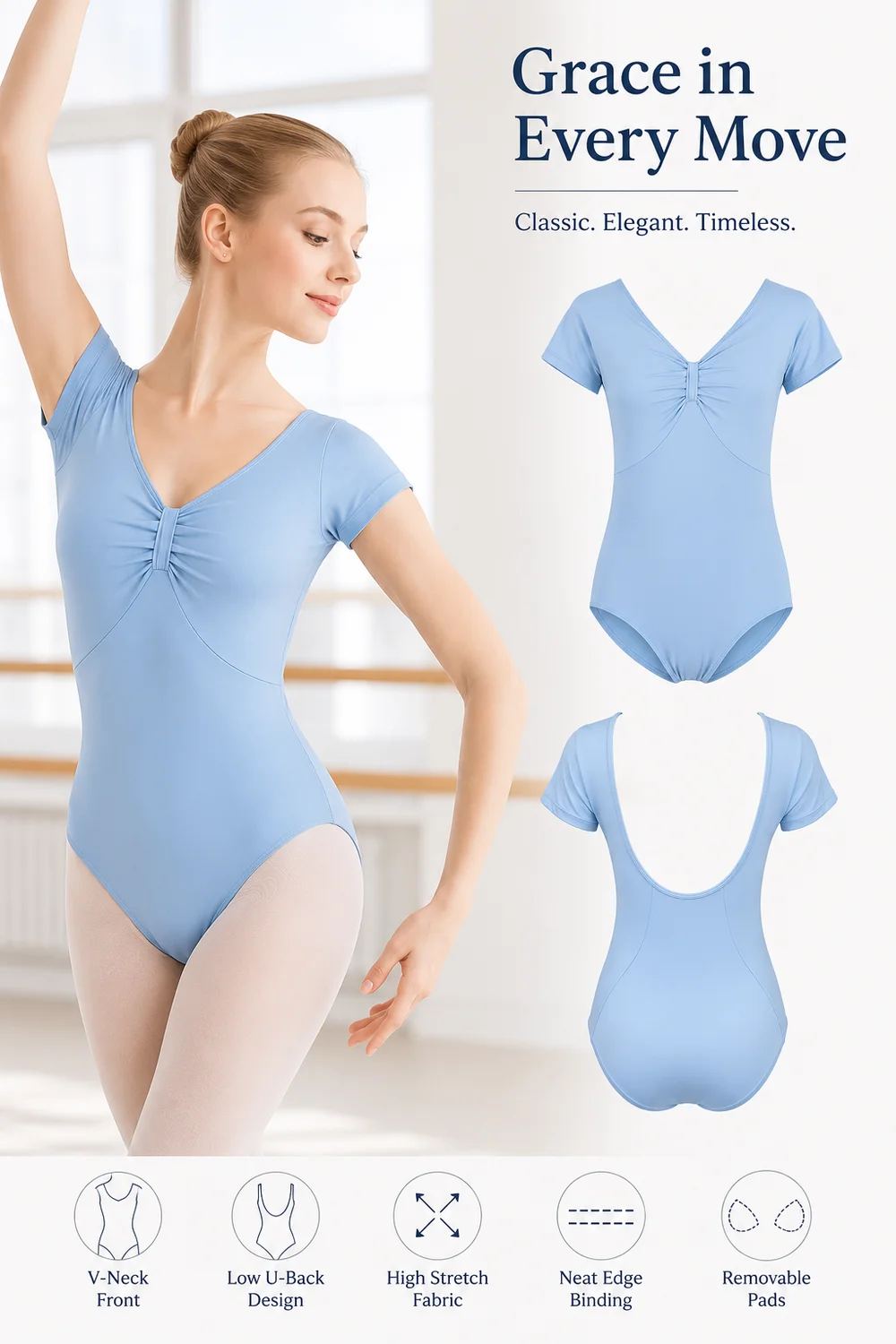 Adult Women Ballet Leotard Short Sleeve V Neck Ruched Front Low U Back Stretch Dance Bodysuit with Removable Pads