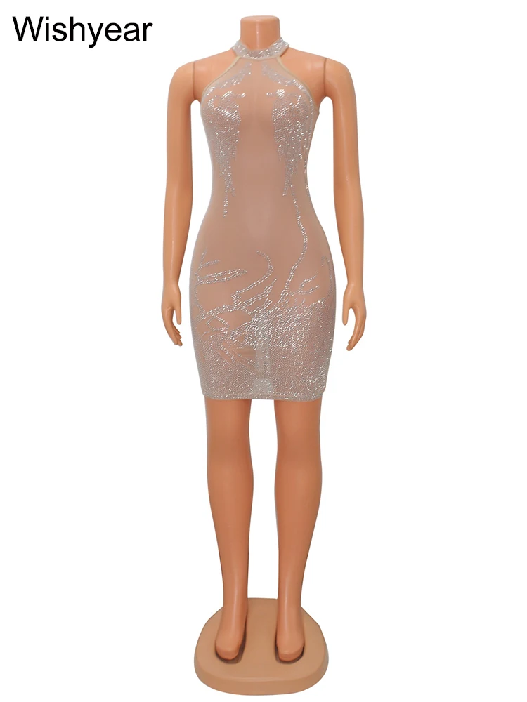 Neue heiße Strass Mesh sehen durch Aprikose Mini kleid Frauen ärmellose Bodycon Abend Geburtstag Luxus Nacht Bar schwarz Vestidos – Detail 4