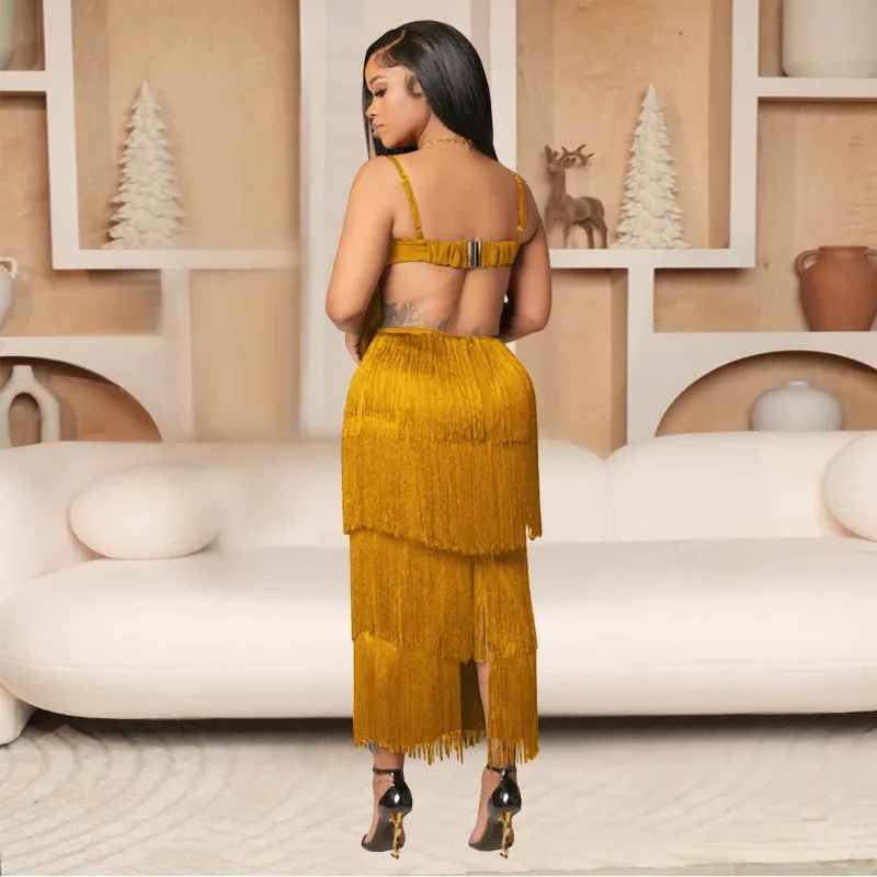 Kexu borla em camadas cinta de espaguete sem costas maxi vestido longo 2025 feminino férias festa de aniversário vestidos