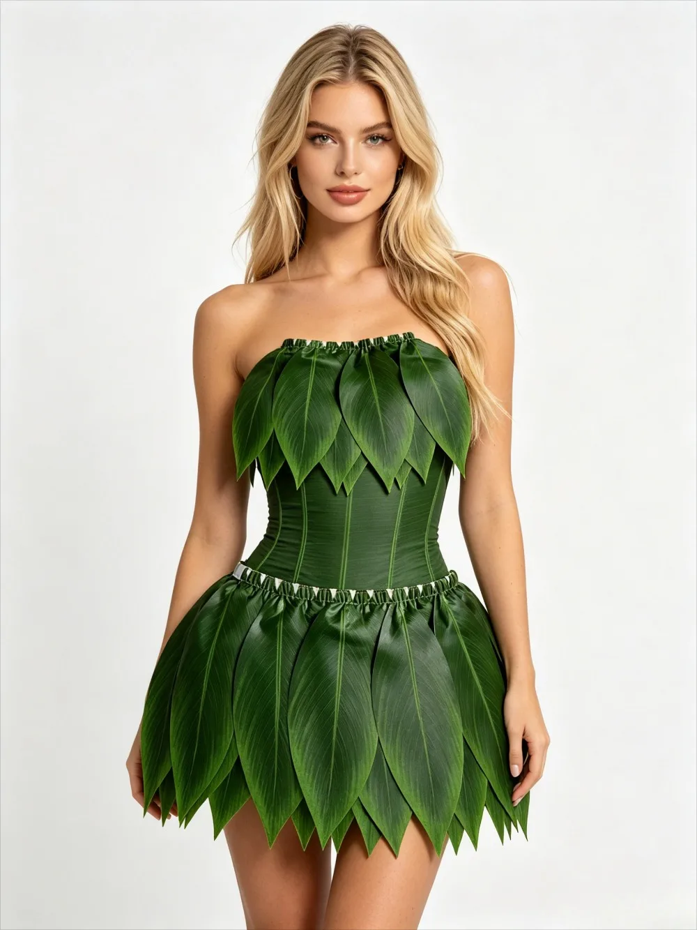 Falda Hula Hawaiana de 5 Piezas para Niñas, Niños, Mujeres y Hombres, con Hojas Grandes Verdes, Elástica, para Bailarinas, Fiestas, Bodas y Festivales