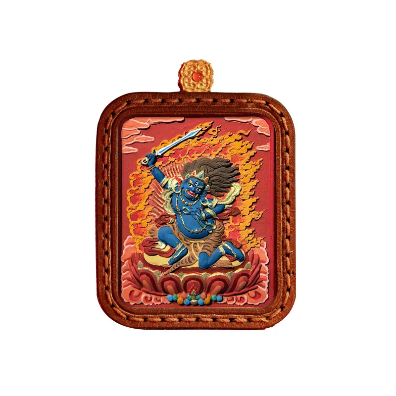 Hand Painted Thangka Zhajilamu Yellow Wealth Medicine Buddha Pendant 3D Relief Amulet Necklace Perfect Festival Gift