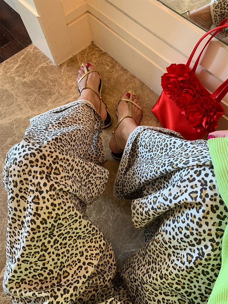 2024 신상 여성 하이웨이스트 와이드 레그 팬츠 루즈핏 밴딩 레오파드 프린트 캐주얼 트라우저 한국 스타일 롱 팬츠