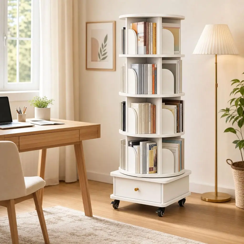 5 Tier 360° Rotating Bookshelf with Drawer & Lockable Wheels, Warm White Round Spinning Book Tower, Space Saving