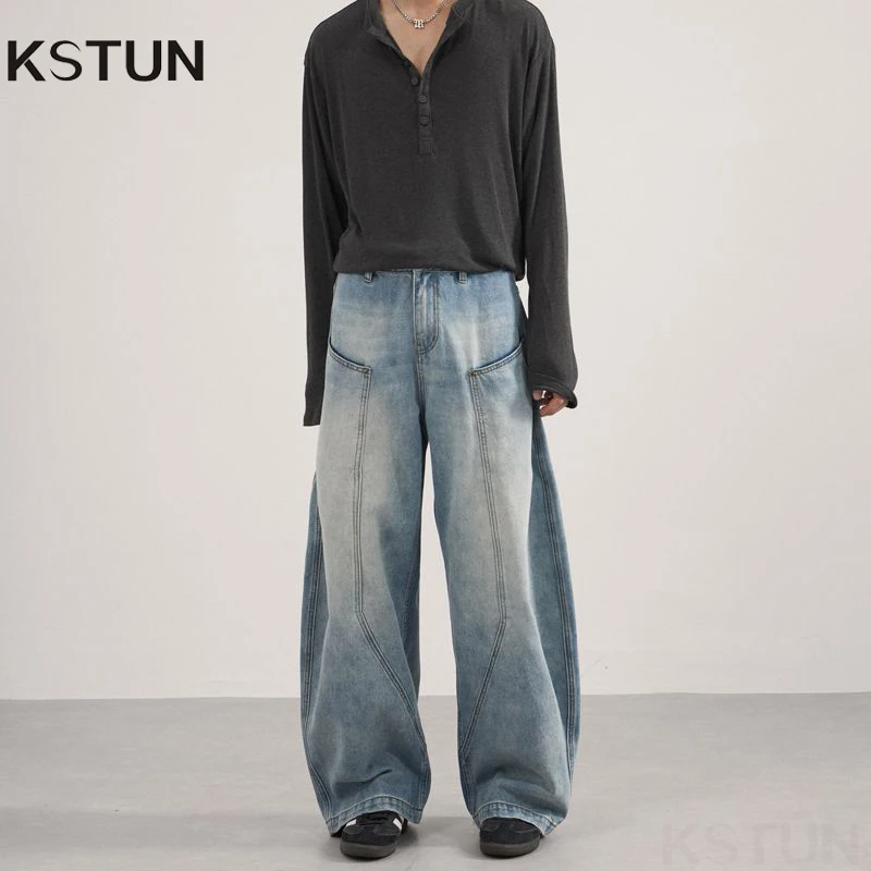 KSTUN النمط الأمريكي خمر الرجال الجينز غسلها واسعة الساق السراويل الفضفاضة فضفاضة التصحيح عارضة الجينز العصرية للزوجين التطهير السراويل