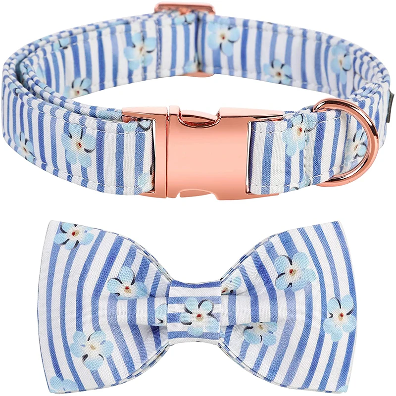 Personalized Unique Style Paws Summer Dog Collar with Bowtie Blue striped Dog Collar Pet Dog Collar for Large Medium Small Dog