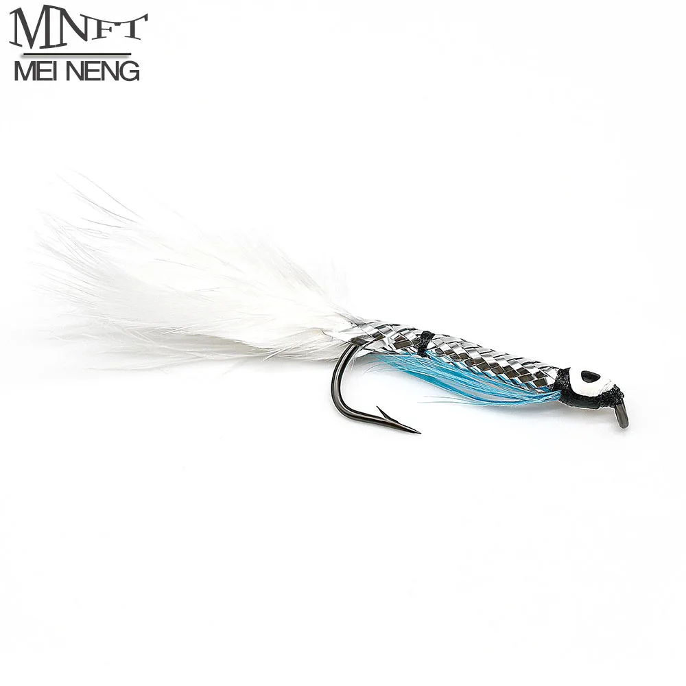 MNFT 10PCS 4# Ghost Tail Fin Silver Body Streamer Minnow Fly Fishing Blue Black & White Fishing Flies