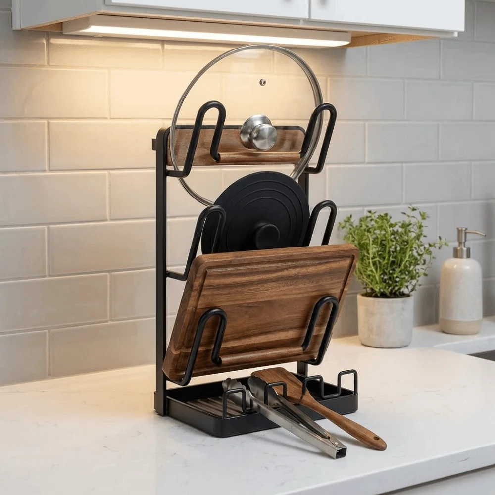 

Carbon Steel Pot Lid Rack Rustproof Space Saving Cutting Board Holder Removable Drip Tray with Spoon Rest Kitchen Storage Rack