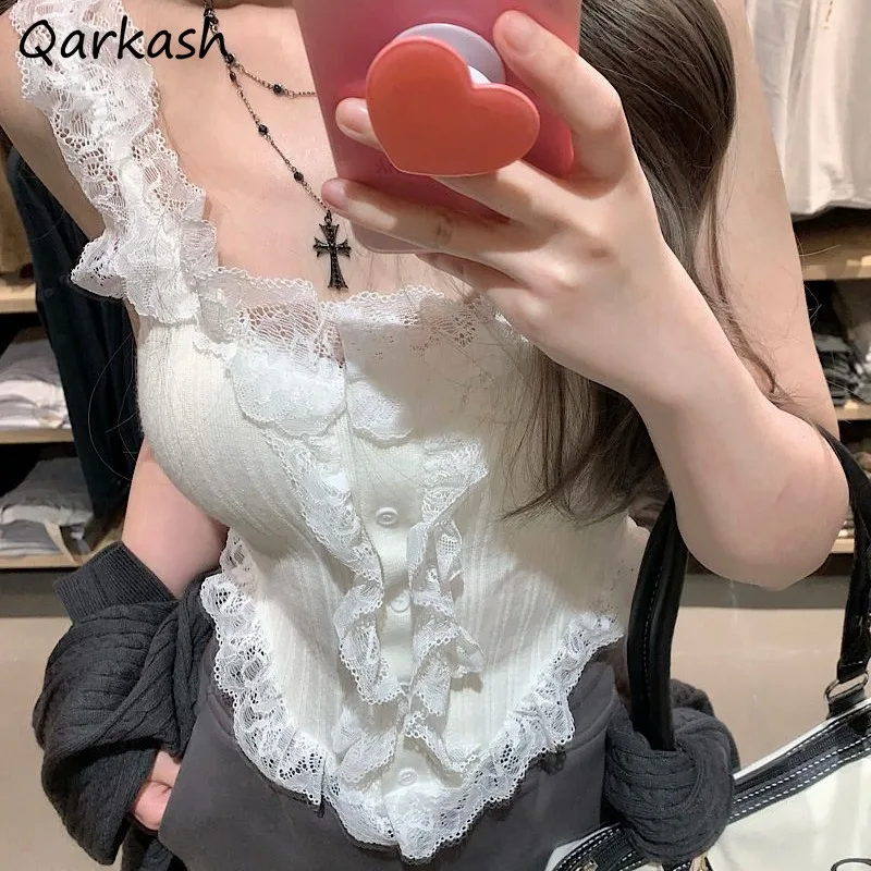 Lace Tanks Camis for Women Summer Outwear Chic Girls Solid Ruffles Design Sweet Clothing All-match Soft Breathable Fit New Slim