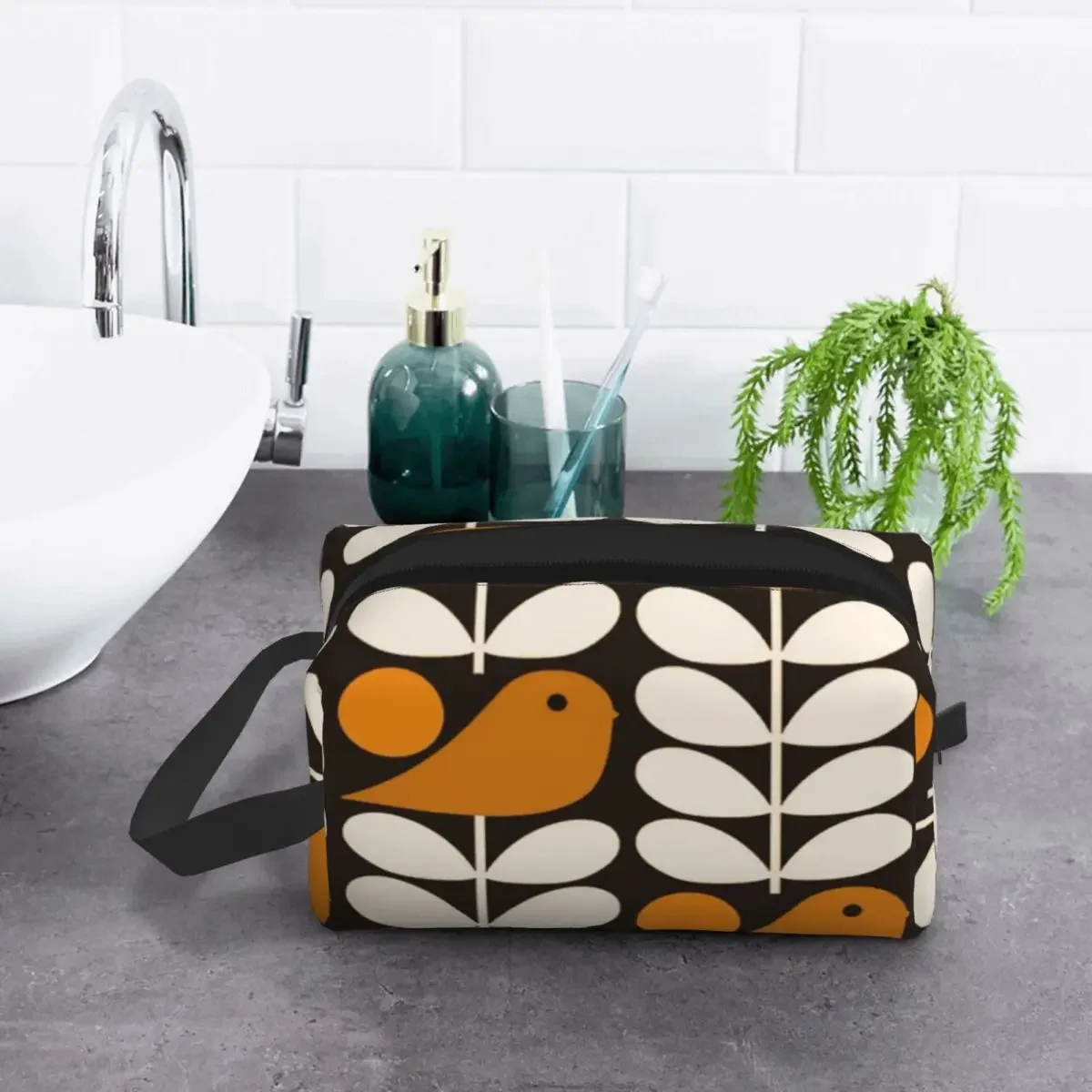 Bolsa de aseo Multistem Birds para mujer, organizador de maquillaje cosmético, caja de Kit de almacenamiento de belleza, color negro, blanco y naranja, Orla Kiely Scandi