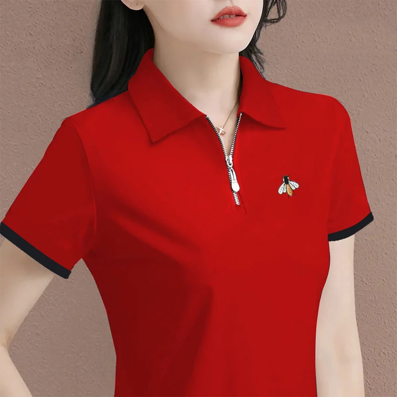 Summer New Women's Zipper Short Sleeve T-Shirt V-Neck Sporty Half Sleeve Shirt Casual Loose Fit Fashionable Momwear