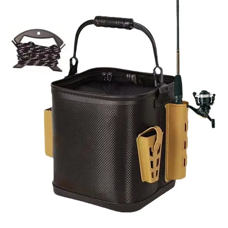

Bait Bucket Portable Fishing Water Pail Double Zipper Lure Bag Waterproof Storage Rod Holder Lightweight Freestanding For