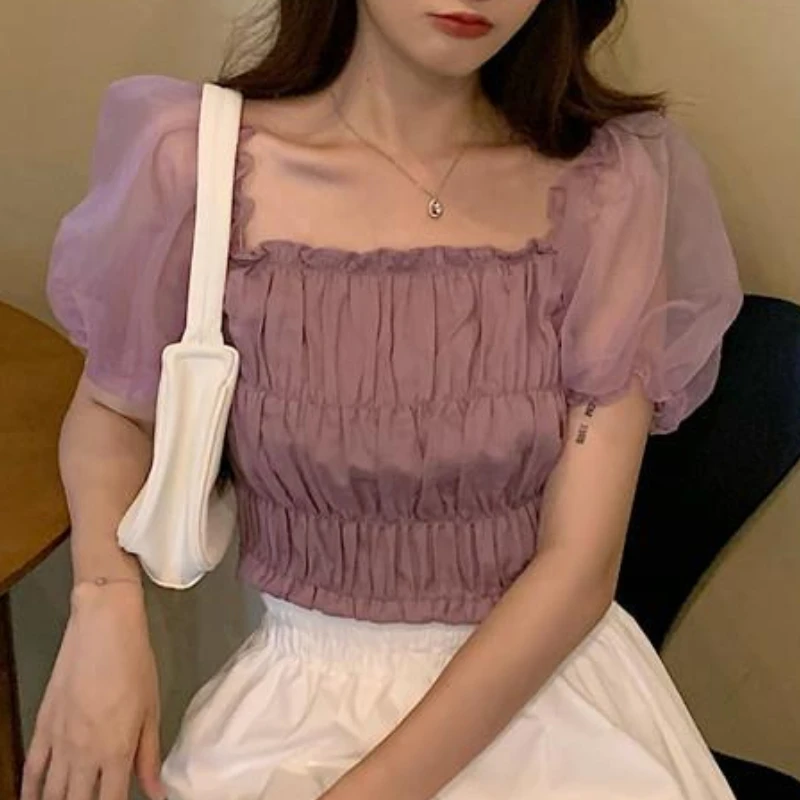 Women Blouse Sweet Solid Simple Popular Elegant Puff Sleeve Summer All-match Square Collar Korean Style Slim Casual Design Cozy