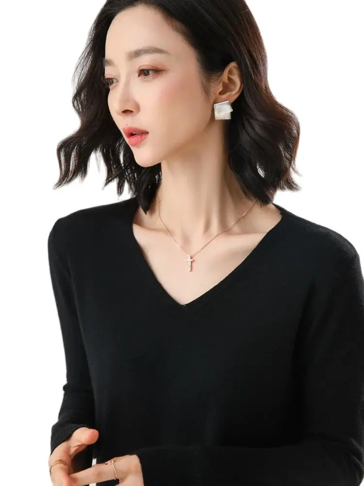 Fashion Basic  Women Merino Wool Sweater  Cashmere Pullover V-Neck Knitwear Slim Solid Collar
