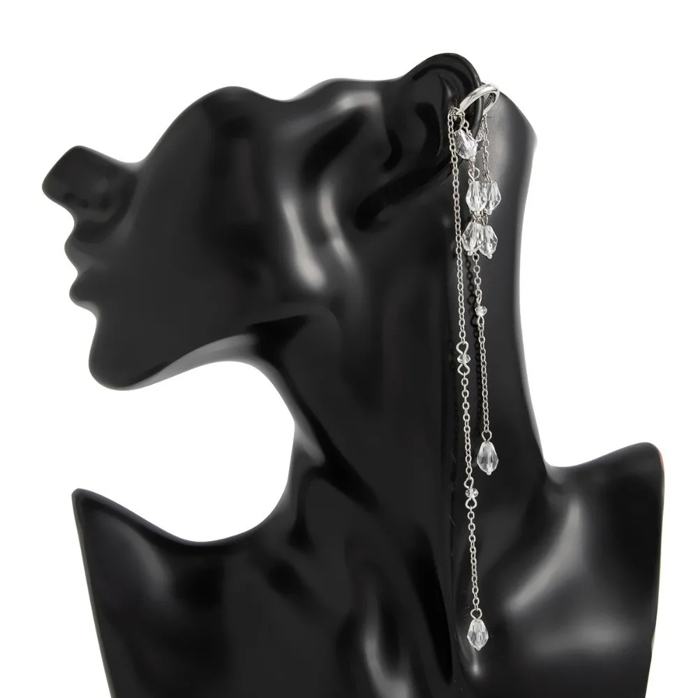 1PC Fashion Transparent Crystal Ear Cuff C-Shaped Clip No Piercing Design Drop Earrings Chain Tassel Long Tassel Earrings Women