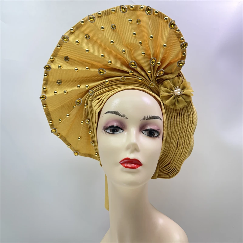 

Luxury African Women’s Sego Headtie Crystal Stone Aso Oke Gele Aso Ebi Already Made Headtie Turban Cap Women Head Wear Nigerian