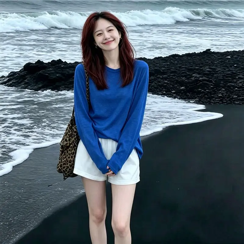 Loose Simplicity Solid Korean Tops Tees Summer New Thin Long Sleeve Lazy Style Youth T Shirts Fashion Casual Trend Women Clothes