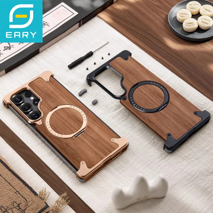 

Eary for Samsung Galaxy S25 S24 Ultra Wood Case Magnetic With 360° Rotatable Stand Magsafe Frameless Shockproof Protector Cover