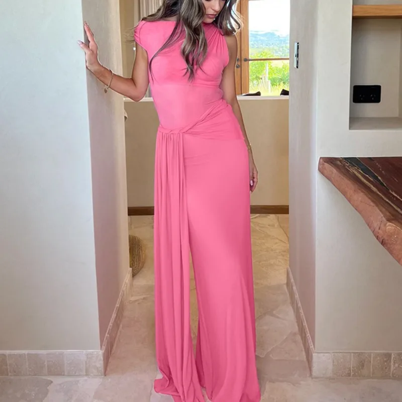 Talenza Fashion Bandage Long Dress Summer Sexy Mesh Strapless Pleated Dress Elegant Sleeveless See Through Women Evening Dresses