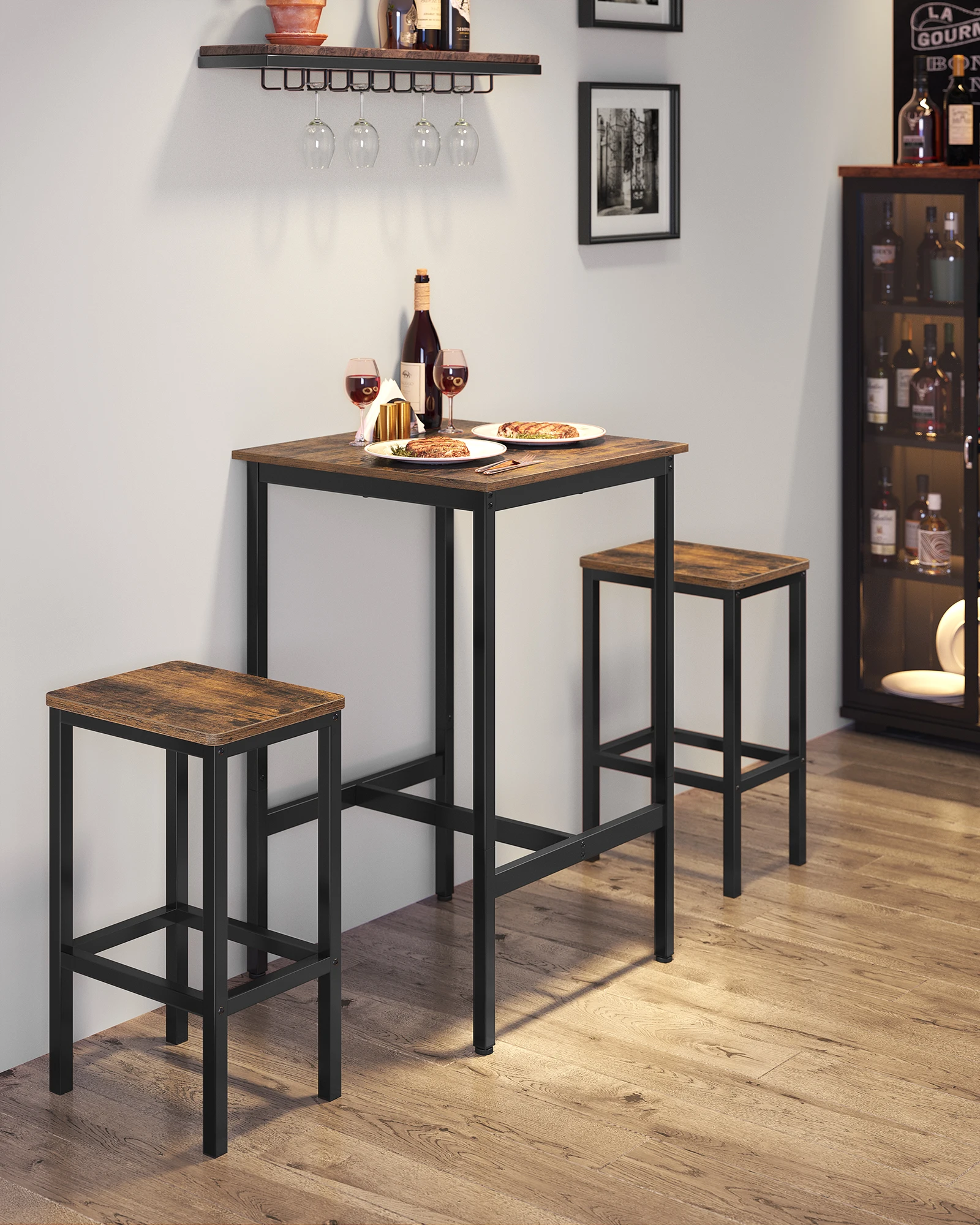 VASAGLE Table Haute, Table de Bar Carrée, Cadre en Acier, 60 x 60 x 92 cm, Montage Facile, pour Cuisine, Salon, Style Industriel, Marron Rustique et Noir