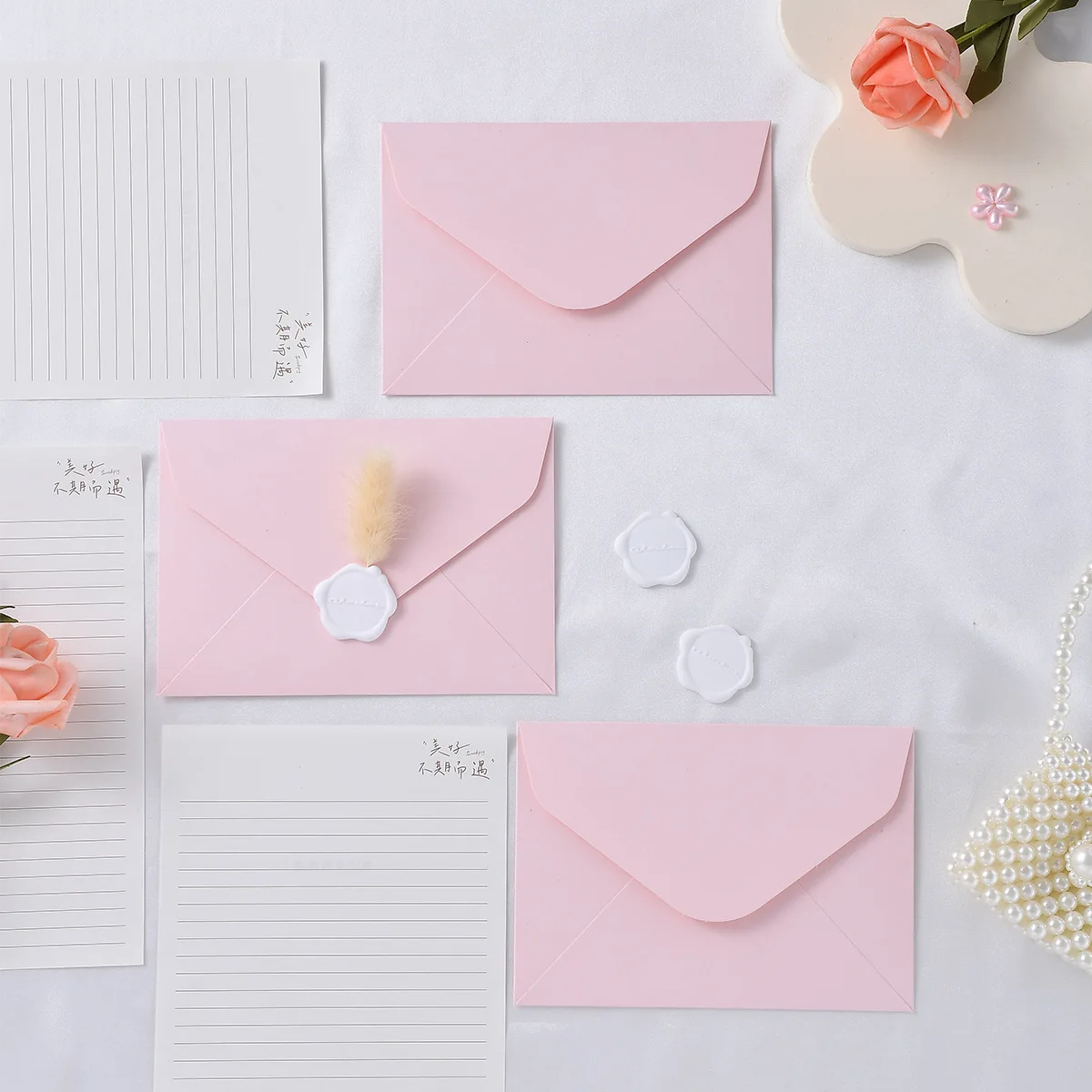 Pink Aesthetic Envelopes Letter Paper Set Fresh Romantic Love Letter Wax Seal for Wedding Graduation Birthday Invitation